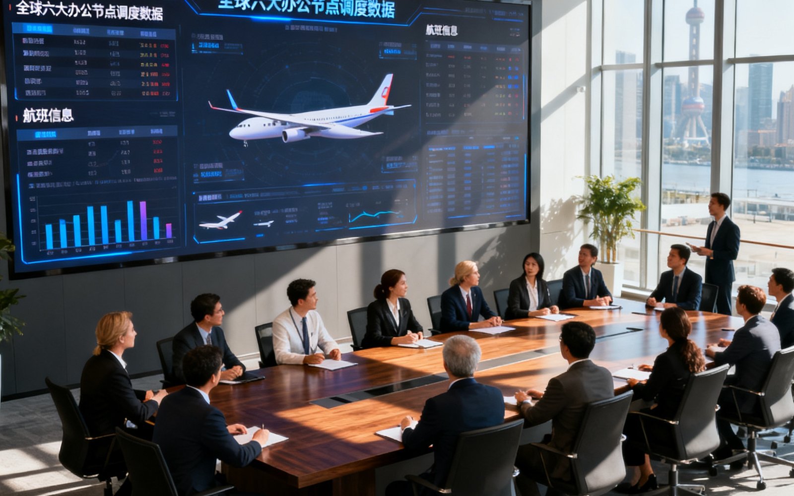 11517bb巴黎人贵宾会上海总部开放式办公区，数十名多语种礼宾顾问围坐在长桌旁进行晨间 briefing，墙面大型屏幕实时显示全球六大办公节点的调度数据与航班信息，阳光透过落地窗洒在深色木质会议桌上，氛围专业而高效