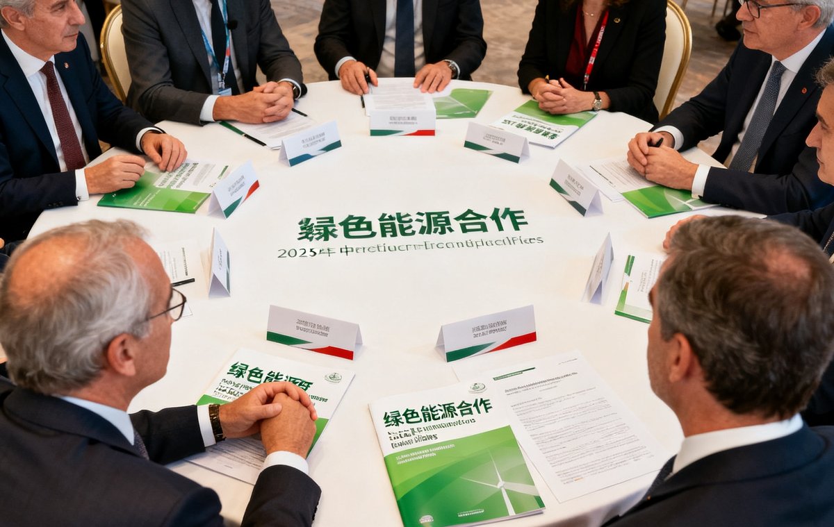 2025年中法商务论坛圆桌讨论现场，多位中法企业家围绕绿色能源合作议题展开深入交流，桌面上摆放着中法双语会议资料