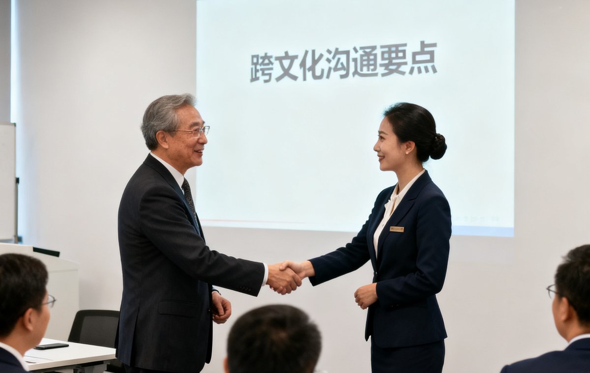 一间明亮的培训教室内，11517bb巴黎人贵宾会的资深礼仪讲师正向企业高管学员演示标准的国际商务握手礼仪，墙面投影显示着跨文化沟通要点