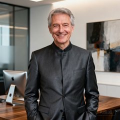 一位五十岁左右的德国企业高管肖像，穿着深灰色定制西装，面带微笑，背景为现代化办公室环境，展现专业商务形象